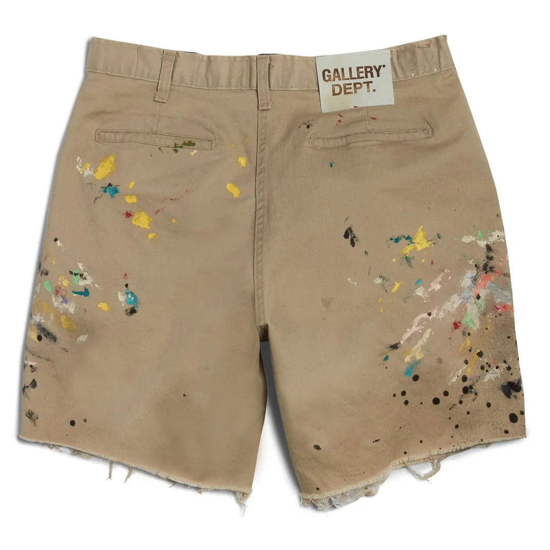 GALLERY DEPT. RICKY SHORT/KHAKI Splash-ink knife-cut khaki work shorts, khaki color 30-32-34-36 code, re-adjusted version, re-washed to make old VINTAGE, hand-made acrylic splash-ink graffiti, genuine cowhide steel stamped LOGO leather tag, original version with LOGO buttons